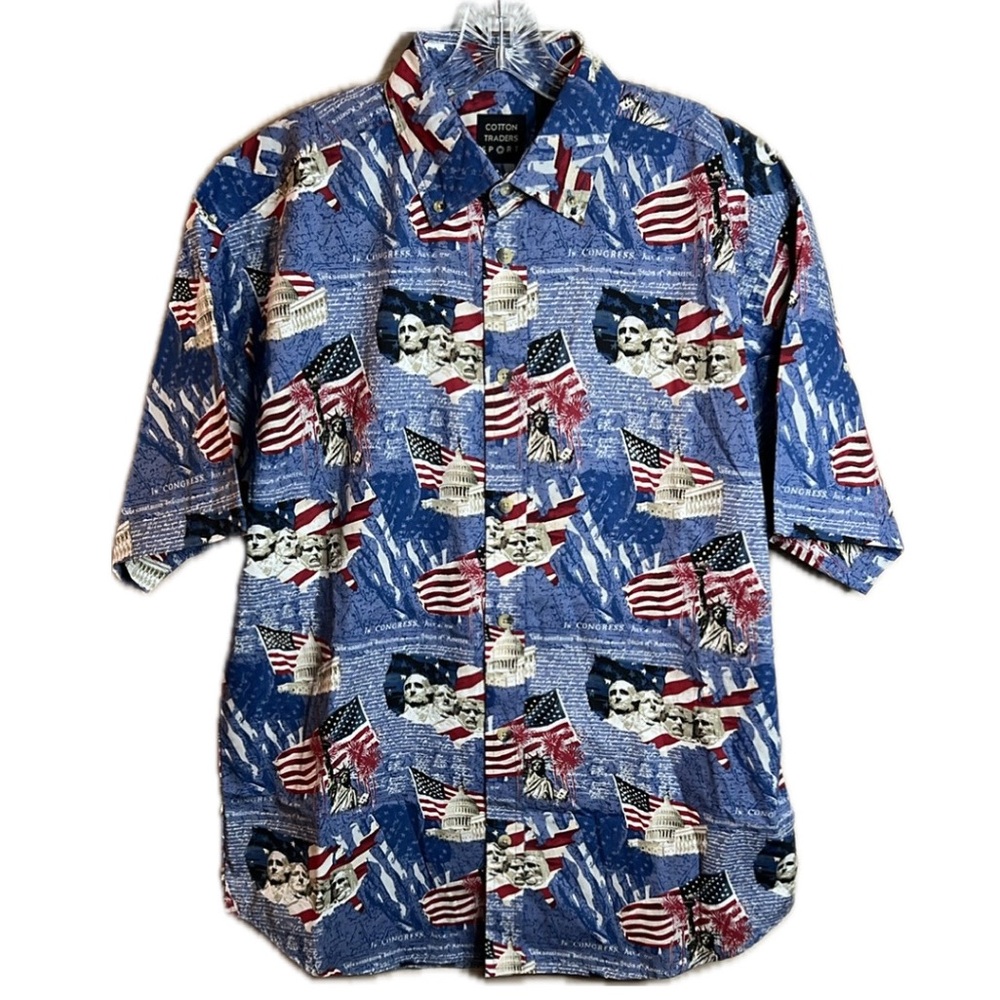 Cotton Traders Sport  Medium Red Blue Button‎ Down Shirt Patriotic Flair NWT